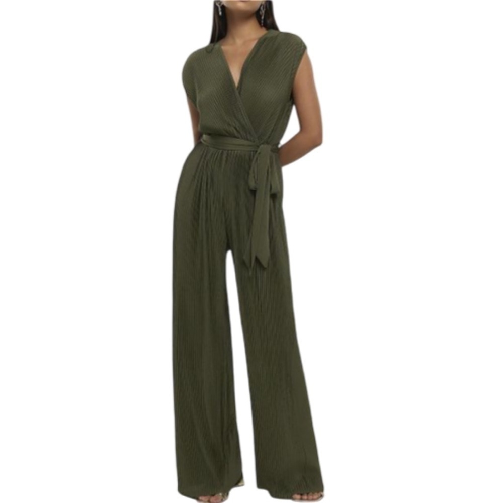 River Island Olive Green Pleated Jumpsuit